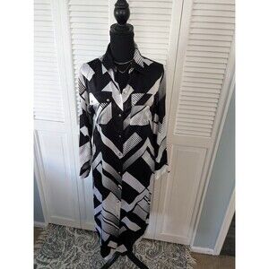 Chico's Black Label Silk Dress Women's S (0) Button-Down Black White Career Midi